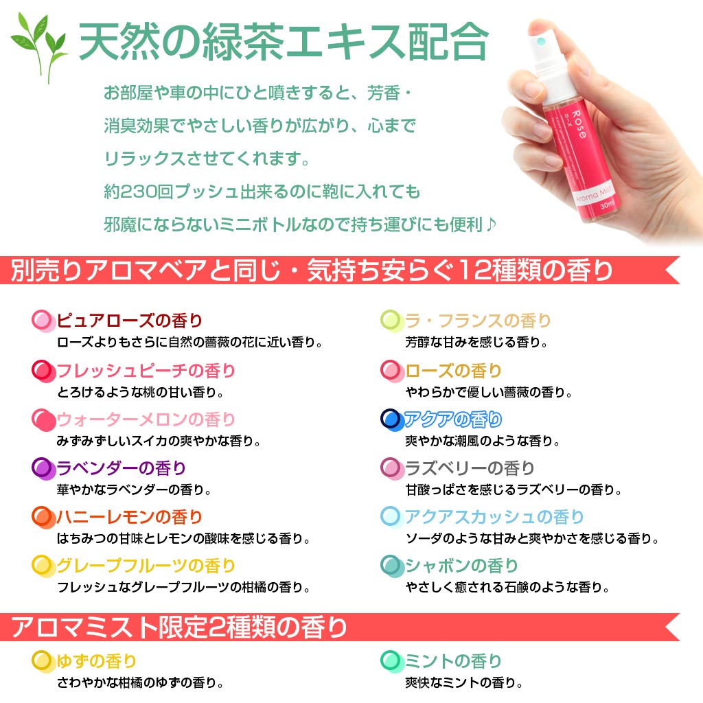 緑茶エキス配合アロマスプレー ミニボトル 30ml 全14種類